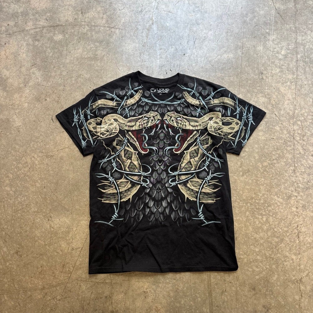 Y2K 2019 Liquid Blue AOP Snake Barbed Wire T Shirt Size Medium